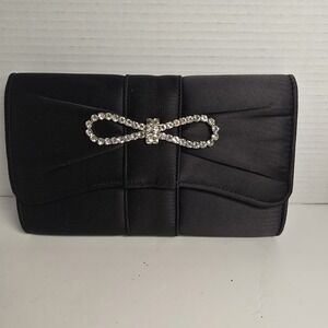 La Regale Black Satin Clutch‎ Rhinestone Bow Evening Bag Formal Occasion